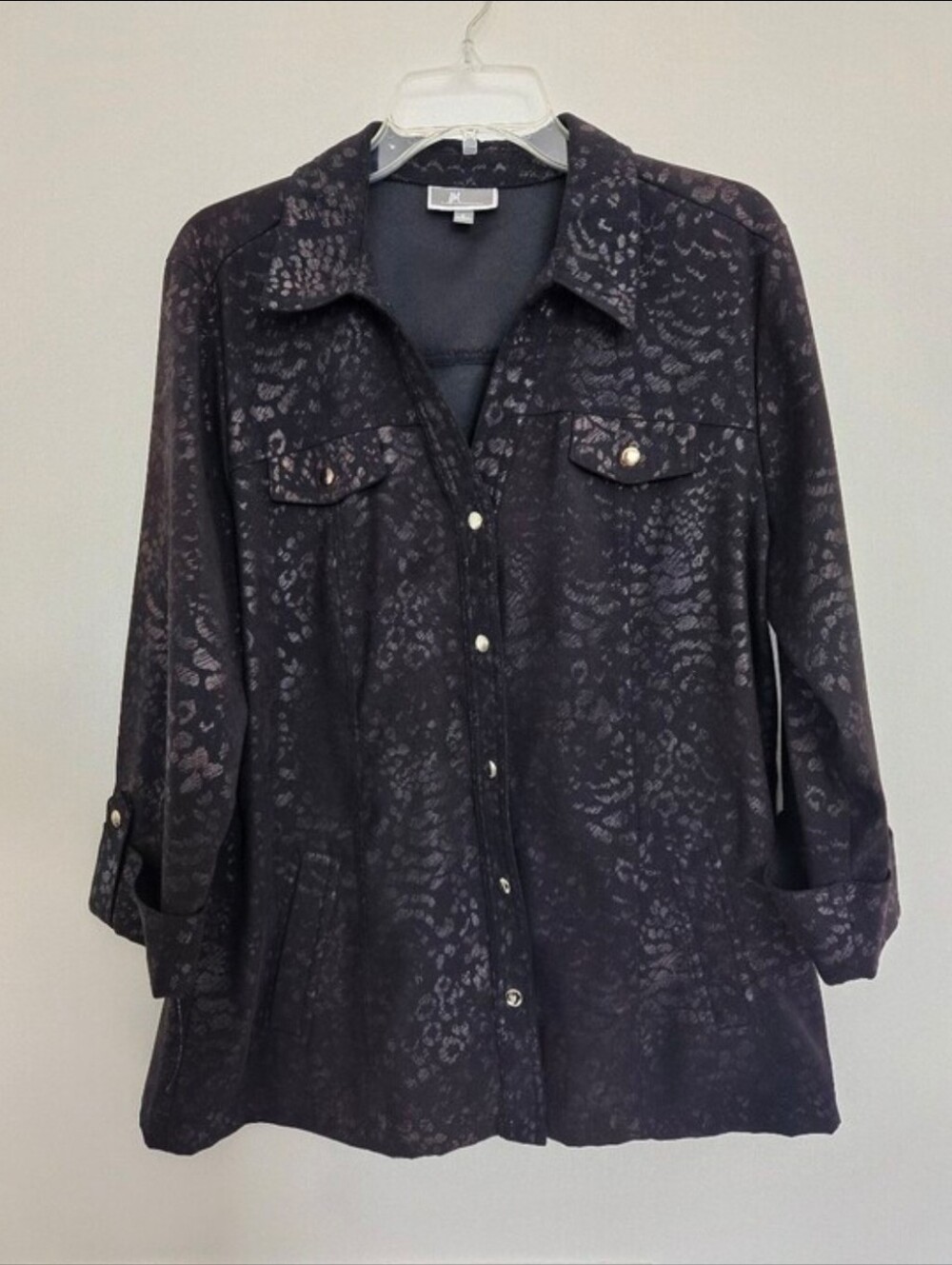 JM Collection Black Subtle Animal-Print Faux Suede Button Front Shachet Womens L - Picture 14 of 14